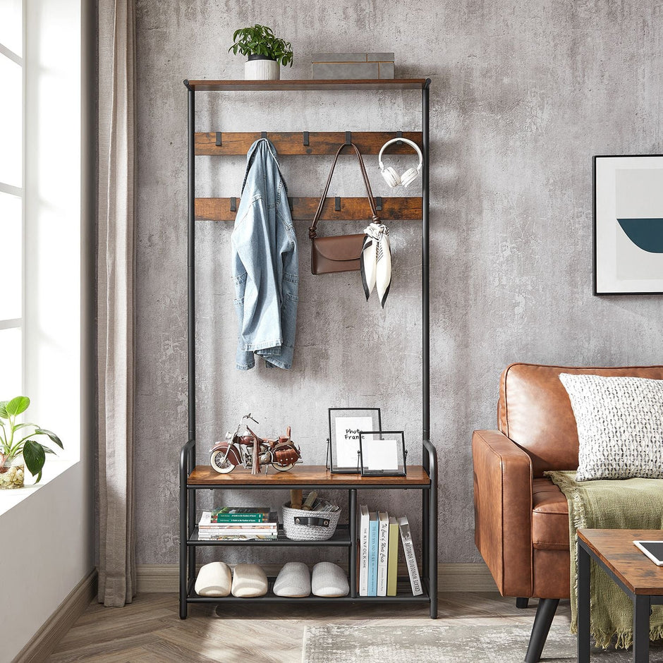 Coat Rack and Shoe Bench – Metal and Wood – Rustic Brown and Black – 9 Removable Hooks, Top Shelf