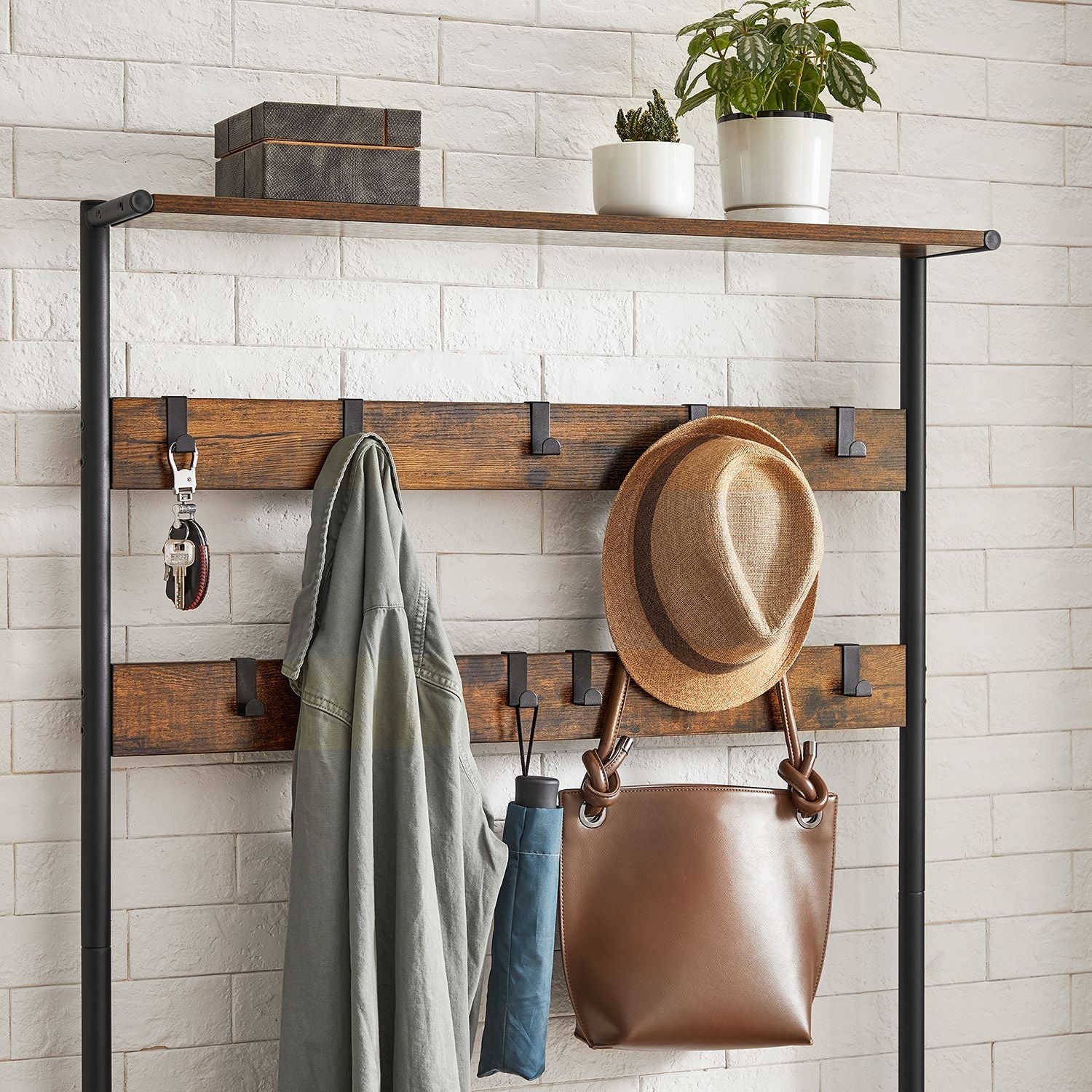 Coat Rack and Shoe Bench – Metal and Wood – Rustic Brown and Black – 9 Removable Hooks, Top Shelf