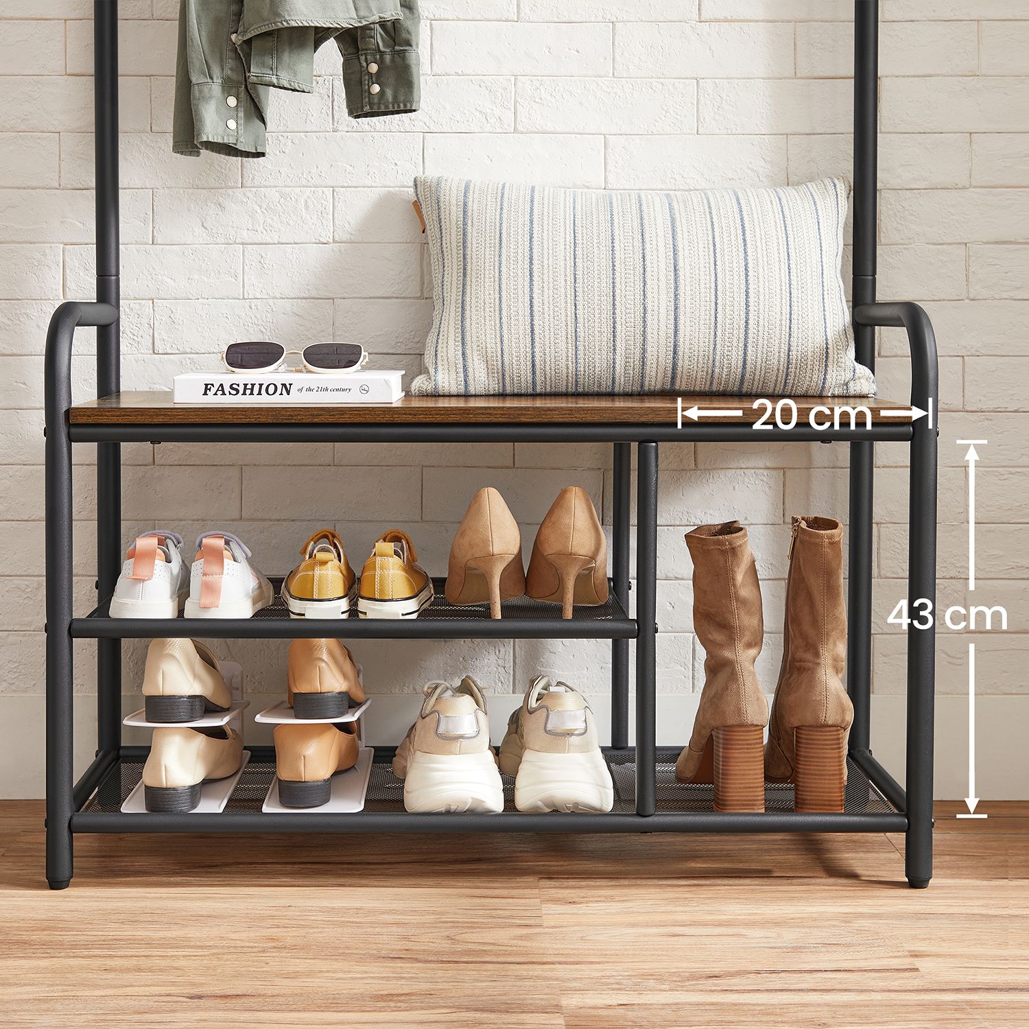 Coat Rack and Shoe Bench – Metal and Wood – Rustic Brown and Black – 9 Removable Hooks, Top Shelf