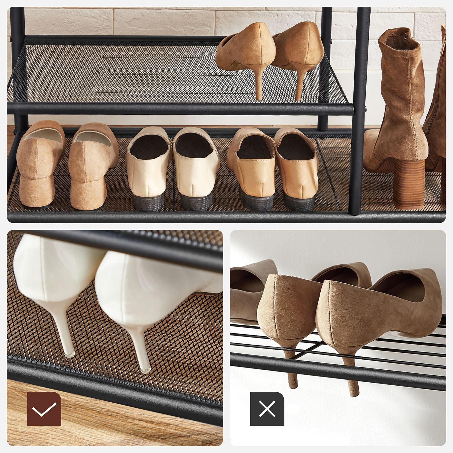 Coat Rack and Shoe Bench – Metal and Wood – Rustic Brown and Black – 9 Removable Hooks, Top Shelf