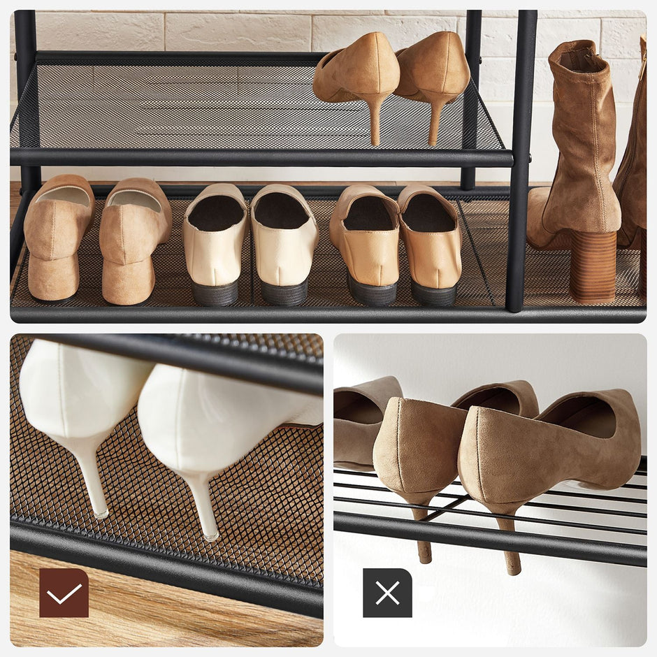Coat Rack and Shoe Bench – Metal and Wood – Rustic Brown and Black – 9 Removable Hooks, Top Shelf