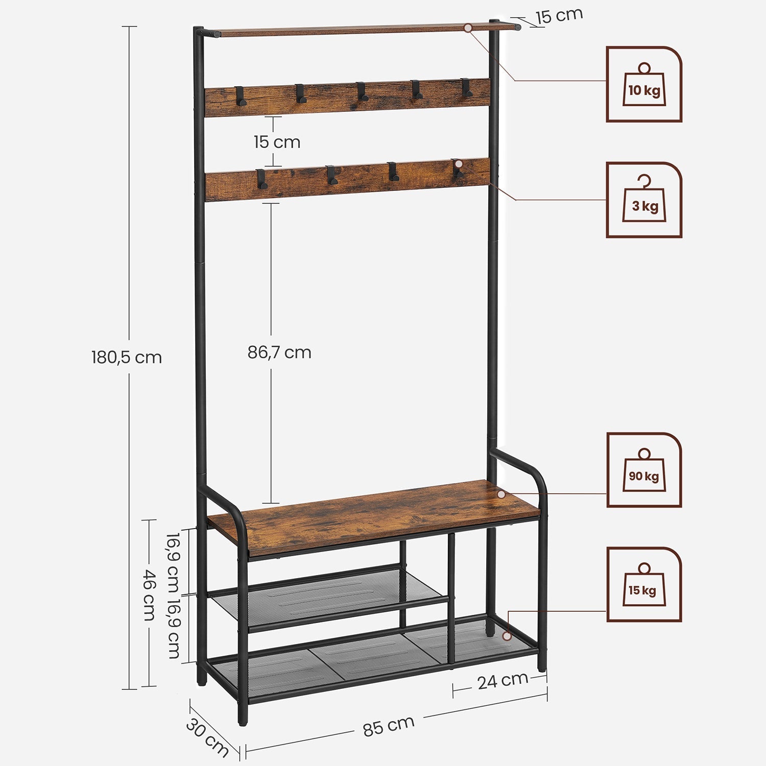 Coat Rack and Shoe Bench – Metal and Wood – Rustic Brown and Black – 9 Removable Hooks, Top Shelf