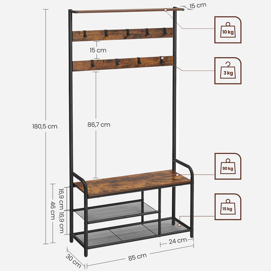 Coat Rack and Shoe Bench – Metal and Wood – Rustic Brown and Black – 9 Removable Hooks, Top Shelf