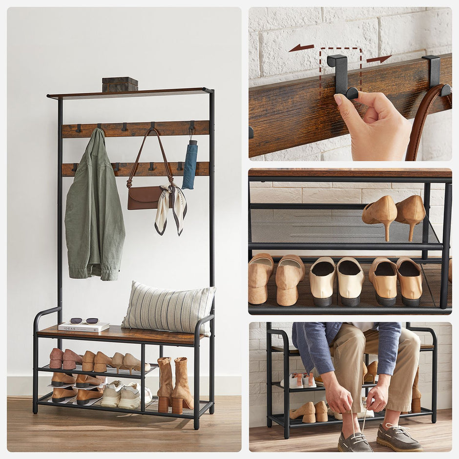 Coat Rack and Shoe Bench – Metal and Wood – Rustic Brown and Black – 9 Removable Hooks, Top Shelf