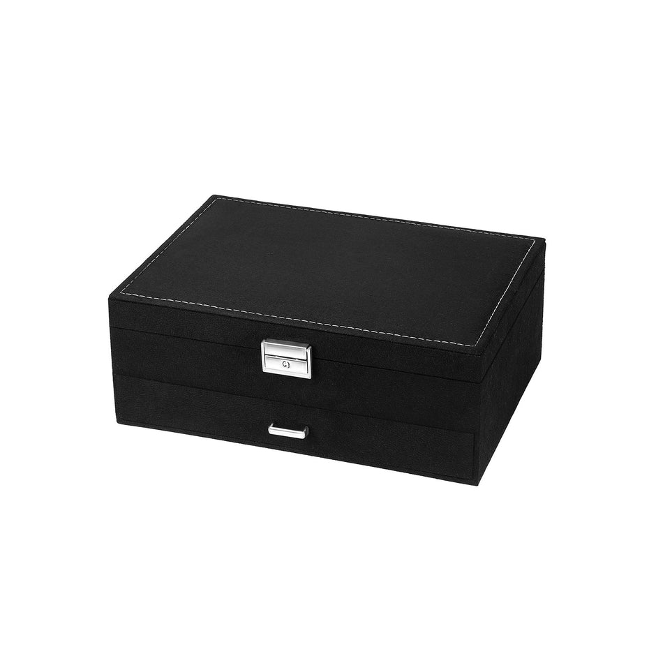 2-Tier Jewelry Case – Velvet – Black – Includes Drawer and Key