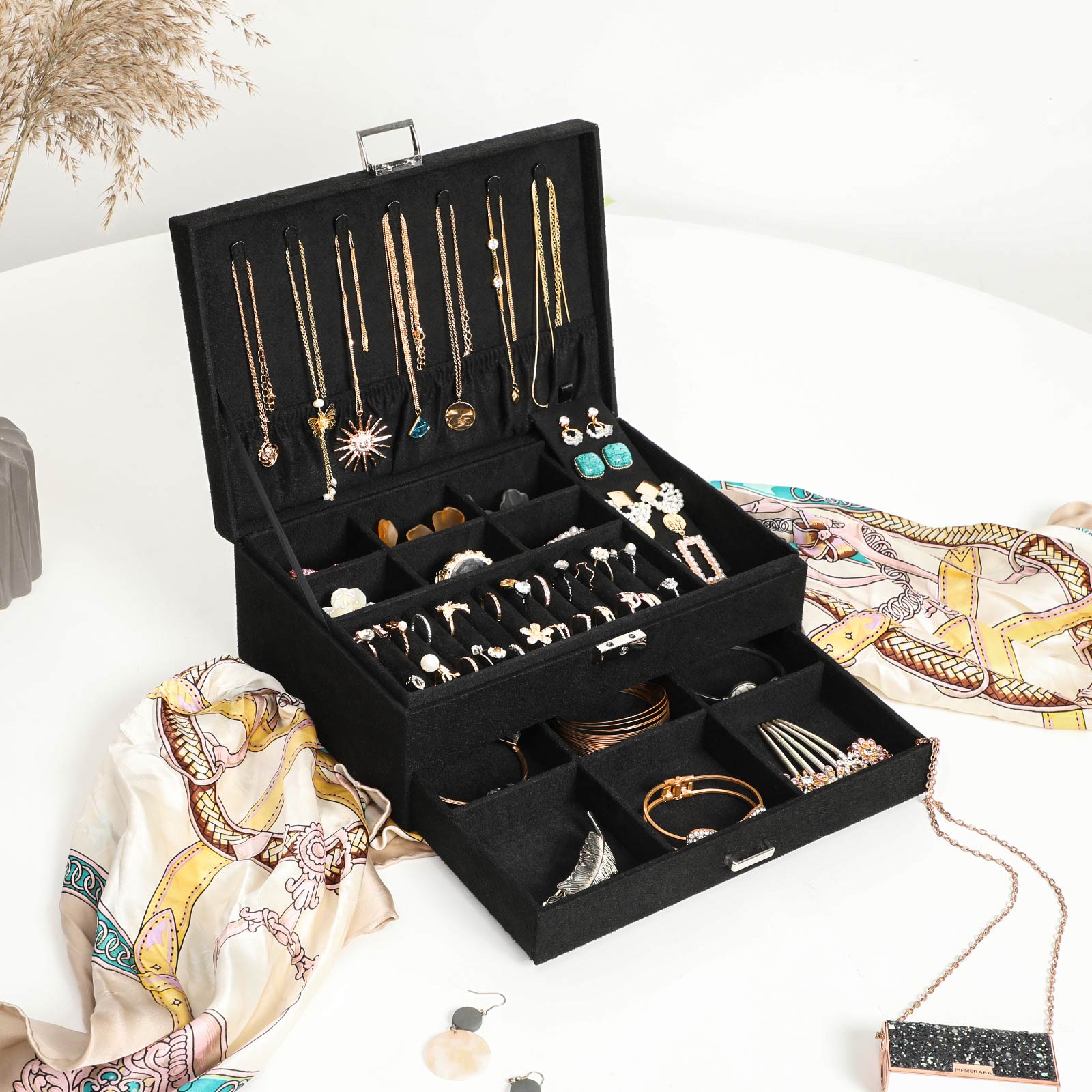 2-Tier Jewelry Case – Velvet – Black – Includes Drawer and Key
