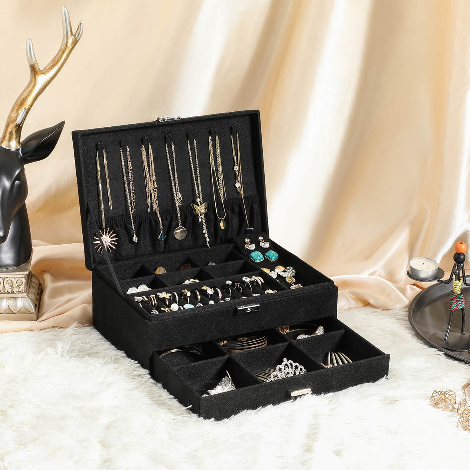 2-Tier Jewelry Case – Velvet – Black – Includes Drawer and Key