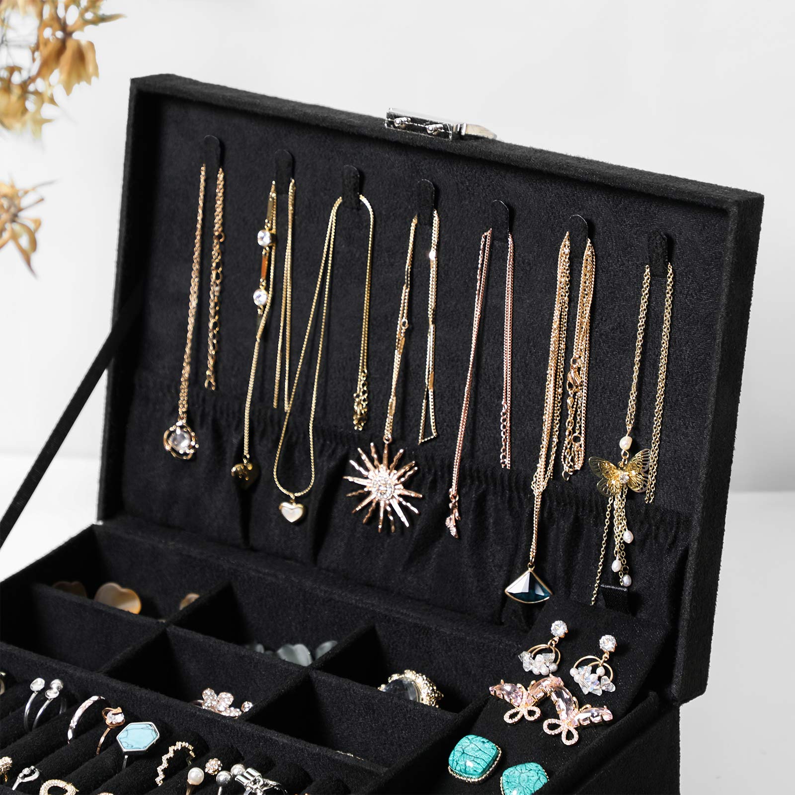 2-Tier Jewelry Case – Velvet – Black – Includes Drawer and Key