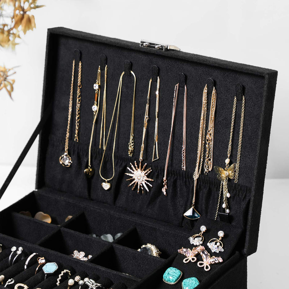 2-Tier Jewelry Case – Velvet – Black – Includes Drawer and Key