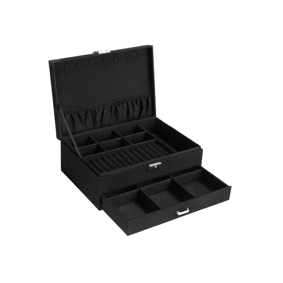 2-Tier Jewelry Case – Velvet – Black – Includes Drawer and Key