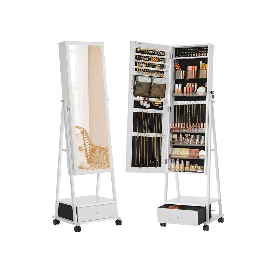 Movable Jewellery Armoire – Wood – White – Full Length Mirror with Lockable Design and Drawer