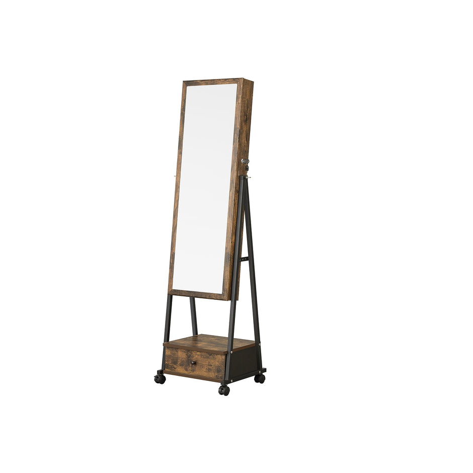 Jewelry Cabinet – Wood – White – Full Length Mirror with Lockable Storage and Wheels