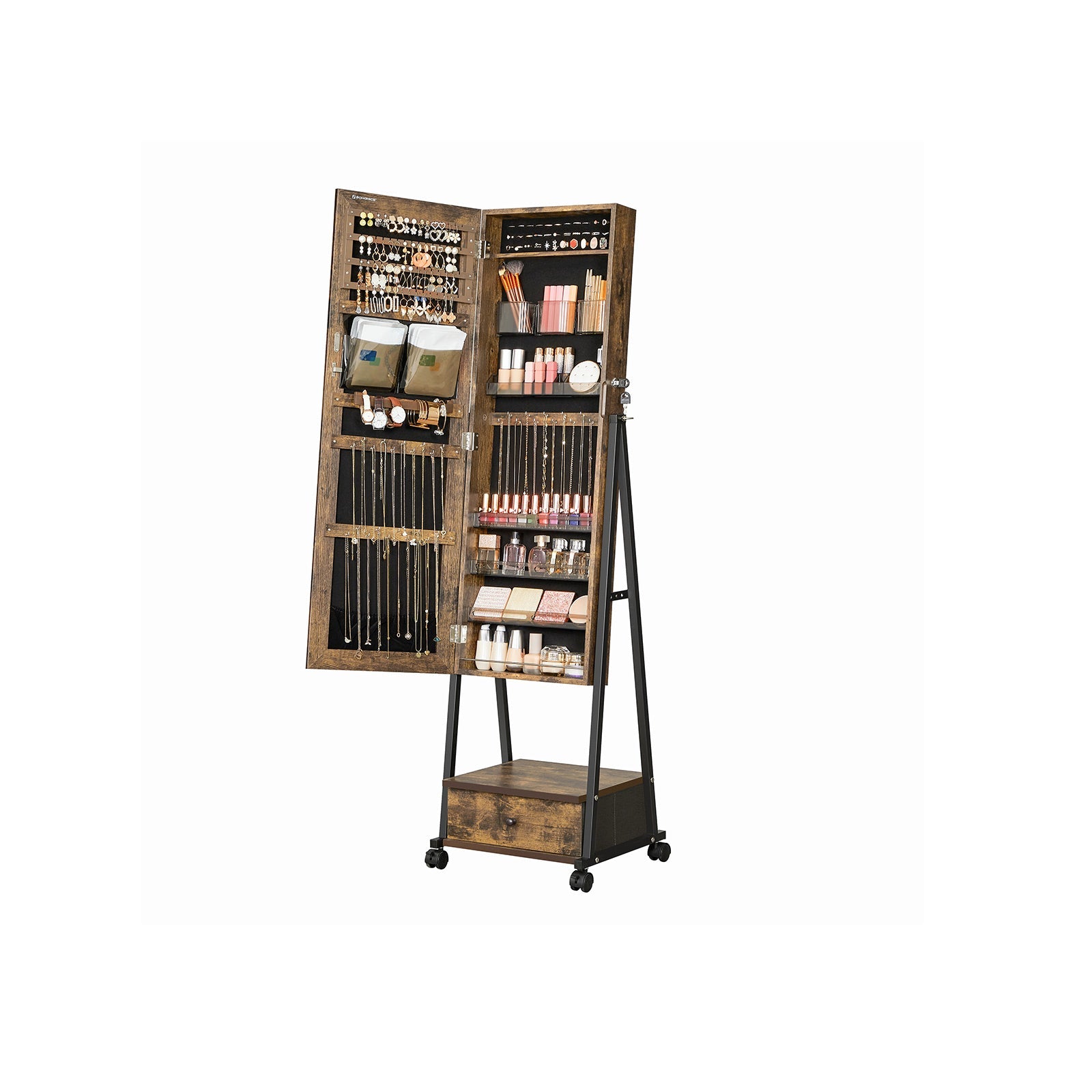 Jewelry Cabinet – Wood – White – Full Length Mirror with Lockable Storage and Wheels