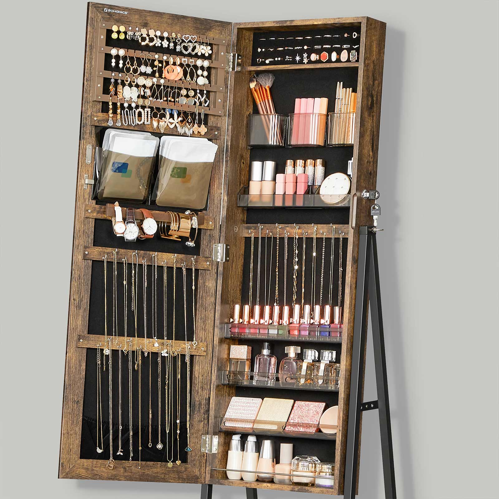 Jewelry Cabinet – Wood – White – Full Length Mirror with Lockable Storage and Wheels