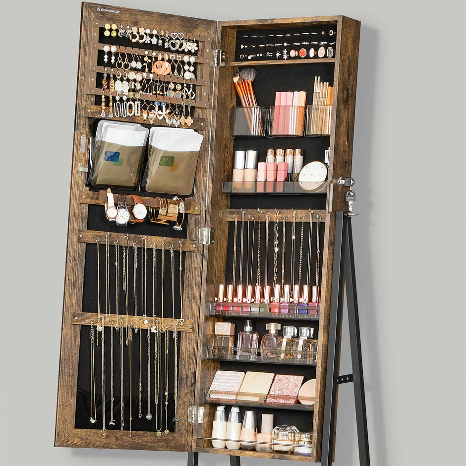 Jewelry Cabinet – Wood – White – Full Length Mirror with Lockable Storage and Wheels