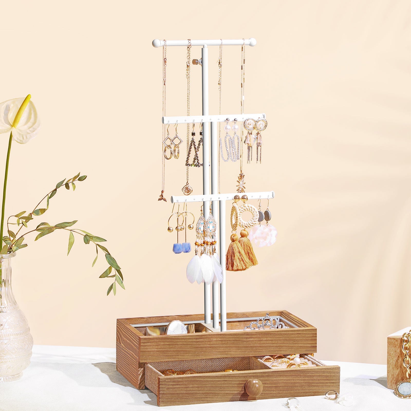 Jewellery Display Stand – Metal – Rustic Brown and White – 2-in-1 Design with Drawer and Removable Slots