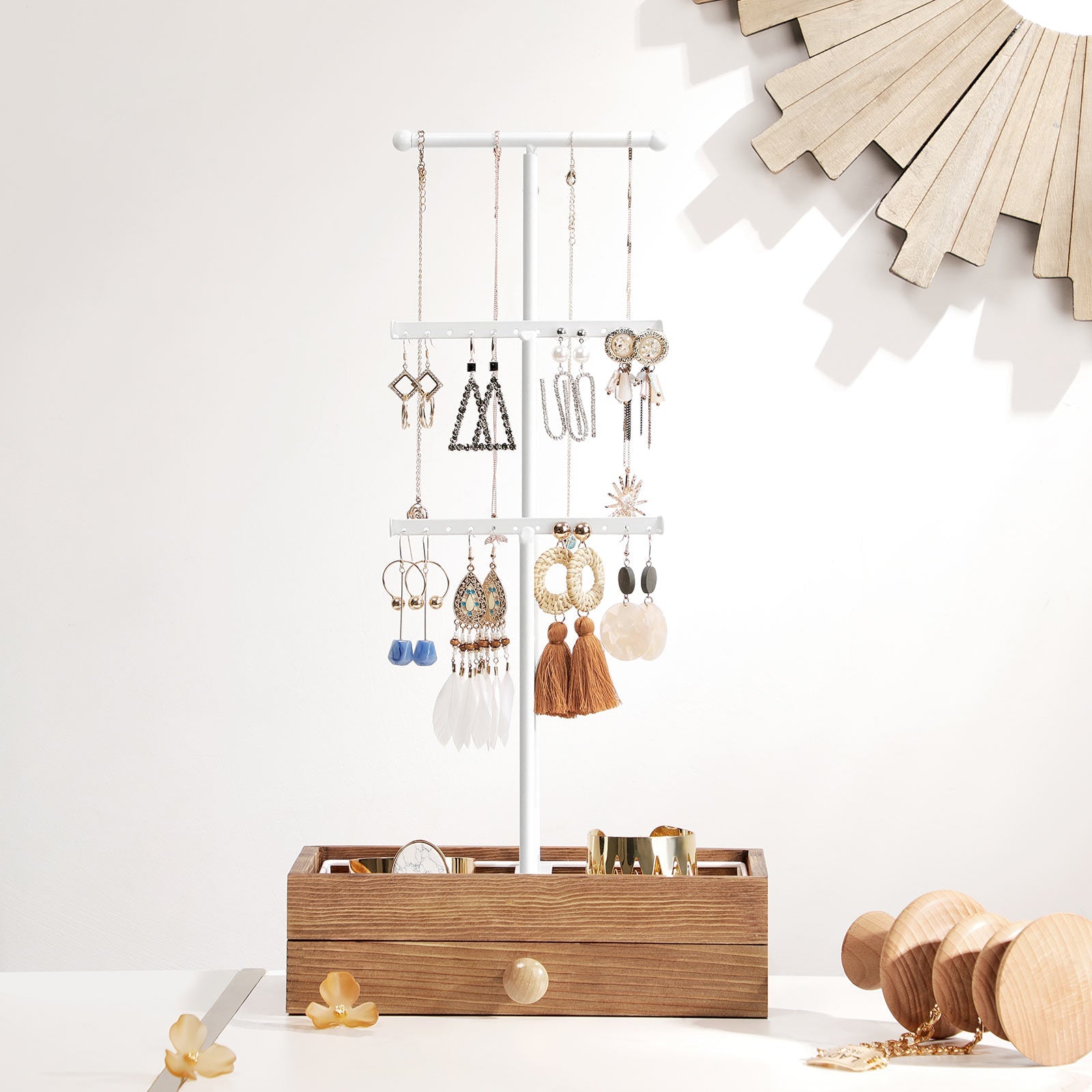 Jewellery Display Stand – Metal – Rustic Brown and White – 2-in-1 Design with Drawer and Removable Slots