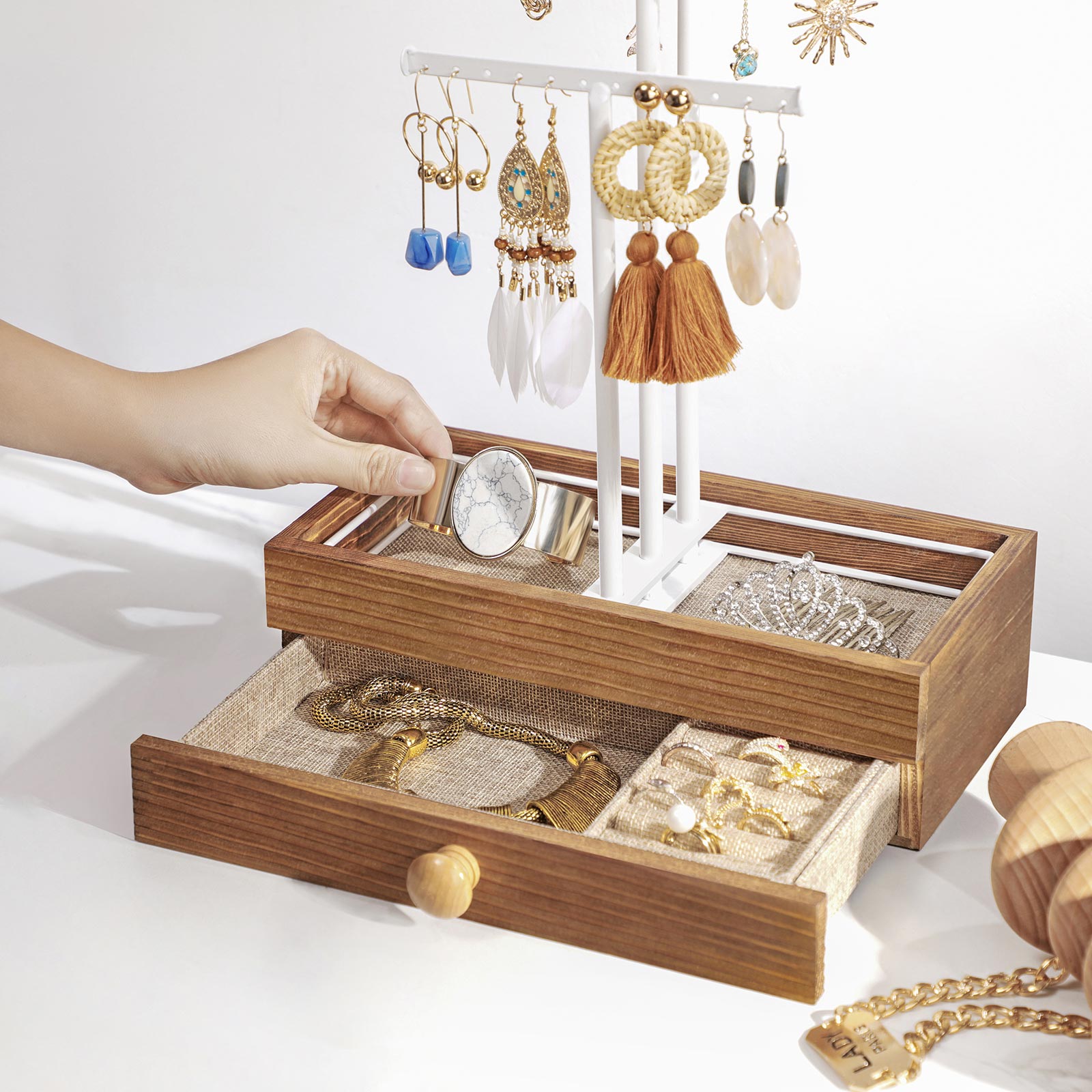 Jewellery Display Stand – Metal – Rustic Brown and White – 2-in-1 Design with Drawer and Removable Slots