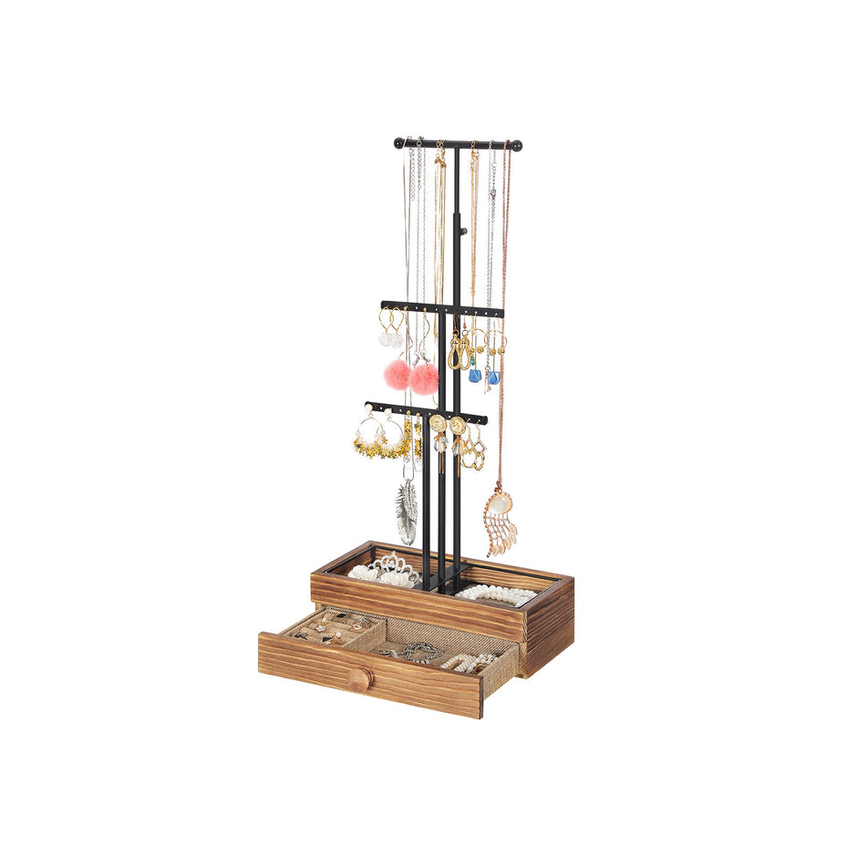 Jewellery Display Stand – Metal – Brown and Black – 2-In-1 Design with Drawer and Removable Slots