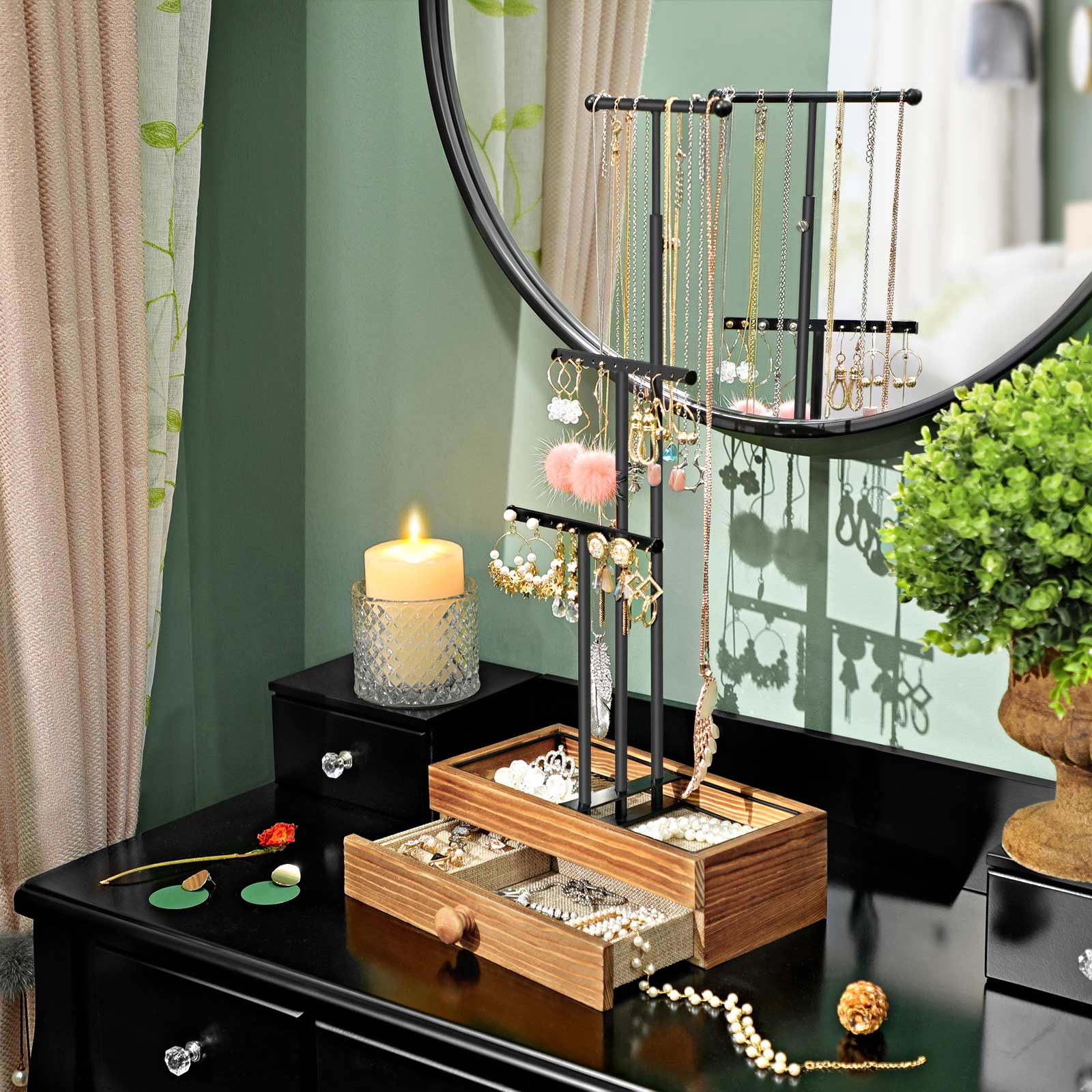Jewellery Display Stand – Metal – Brown and Black – 2-In-1 Design with Drawer and Removable Slots