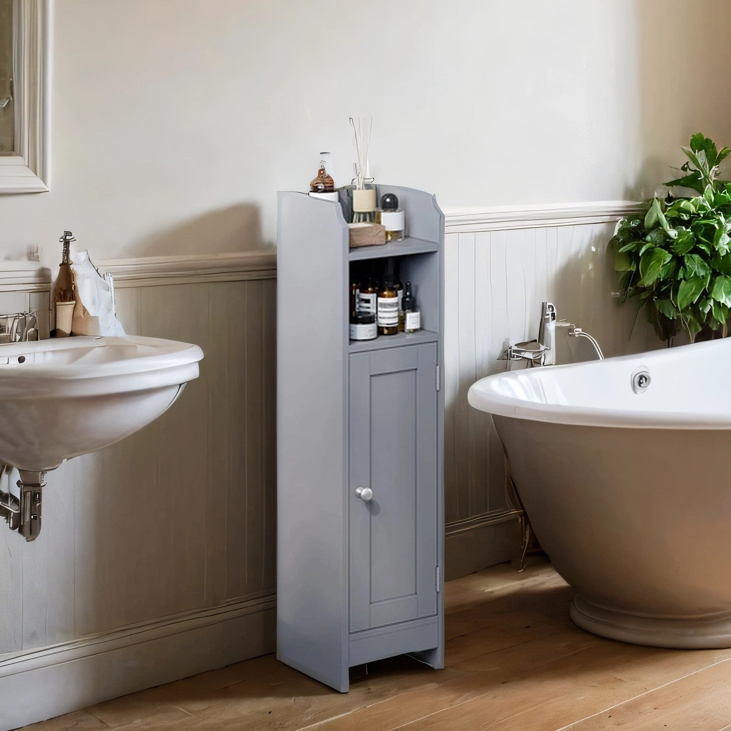 Narrow Bathroom Storage Cabinet – Wood – Dove Grey – Freestanding with Adjustable Shelves