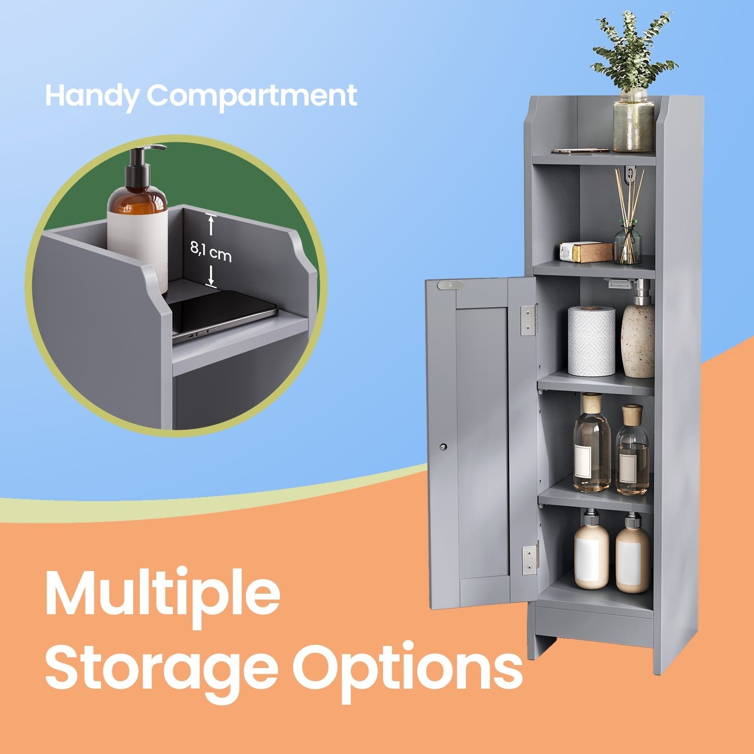 Narrow Bathroom Storage Cabinet – Wood – Dove Grey – Freestanding with Adjustable Shelves