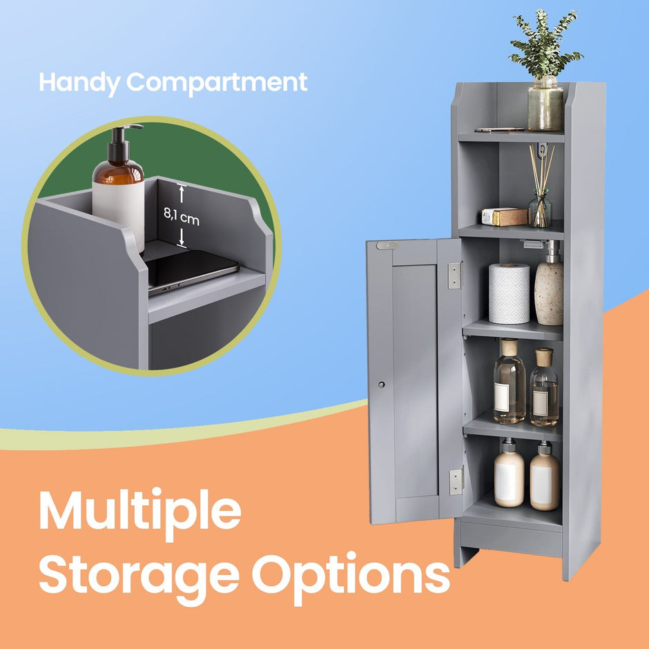 Narrow Bathroom Storage Cabinet – Wood – Dove Grey – Freestanding with Adjustable Shelves