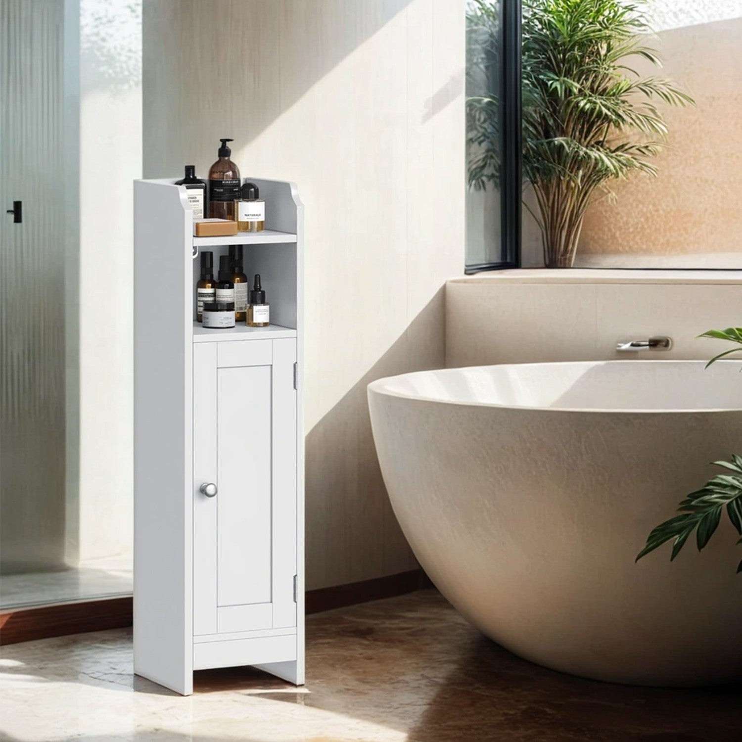 Narrow Bathroom Storage Cabinet – Wood – Dove Grey – Adjustable Shelves, Freestanding Toilet Paper Organizer