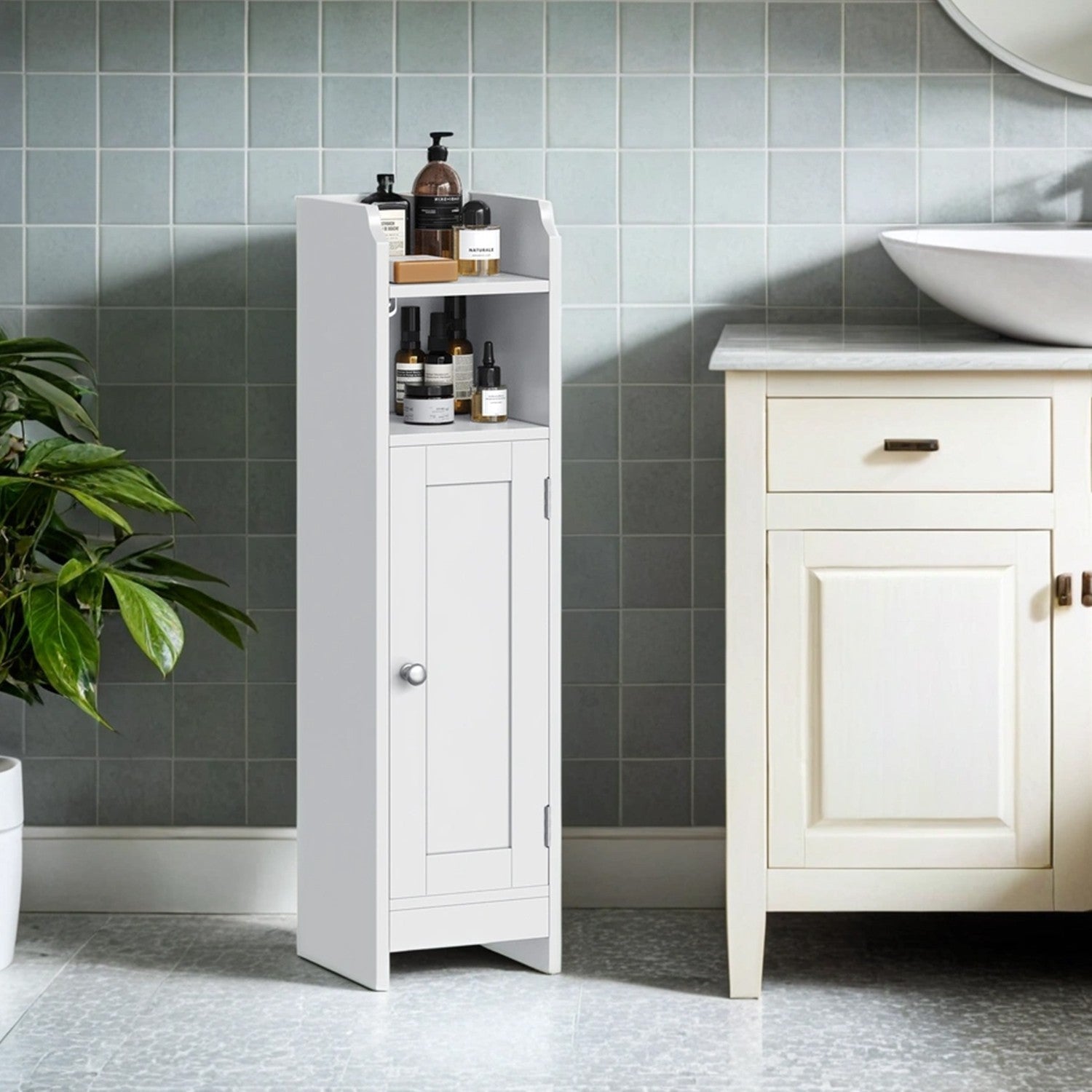 Narrow Bathroom Storage Cabinet – Wood – Dove Grey – Adjustable Shelves, Freestanding Toilet Paper Organizer