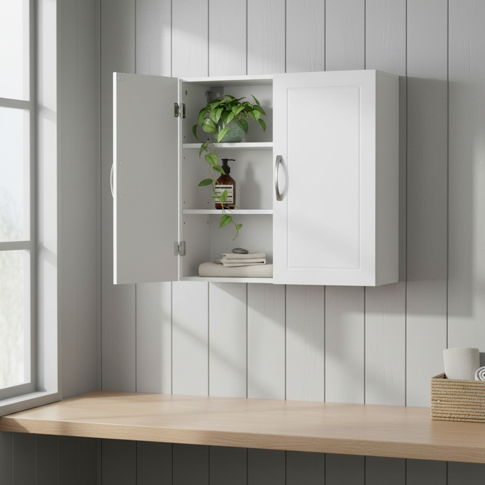 Wall-Mounted Bathroom Storage Cabinet – Wood – Cloud White – Adjustable Shelves