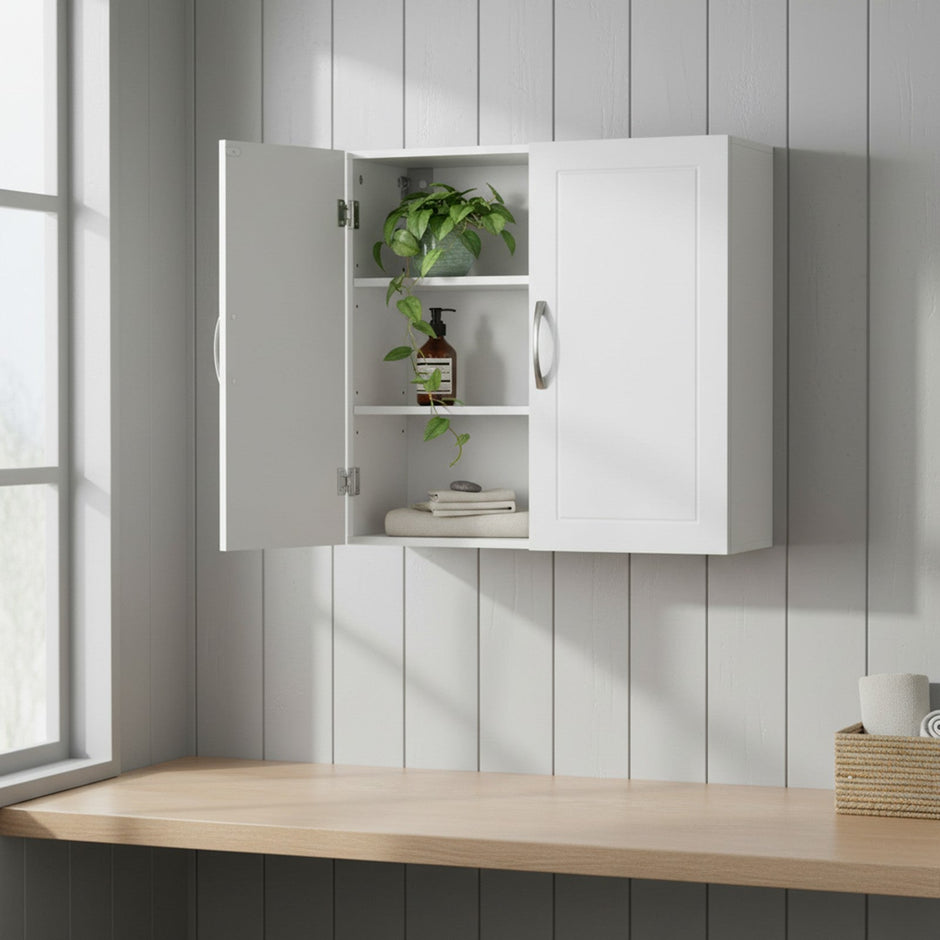 Wall-Mounted Bathroom Storage Cabinet – Wood – Cloud White – Adjustable Shelves