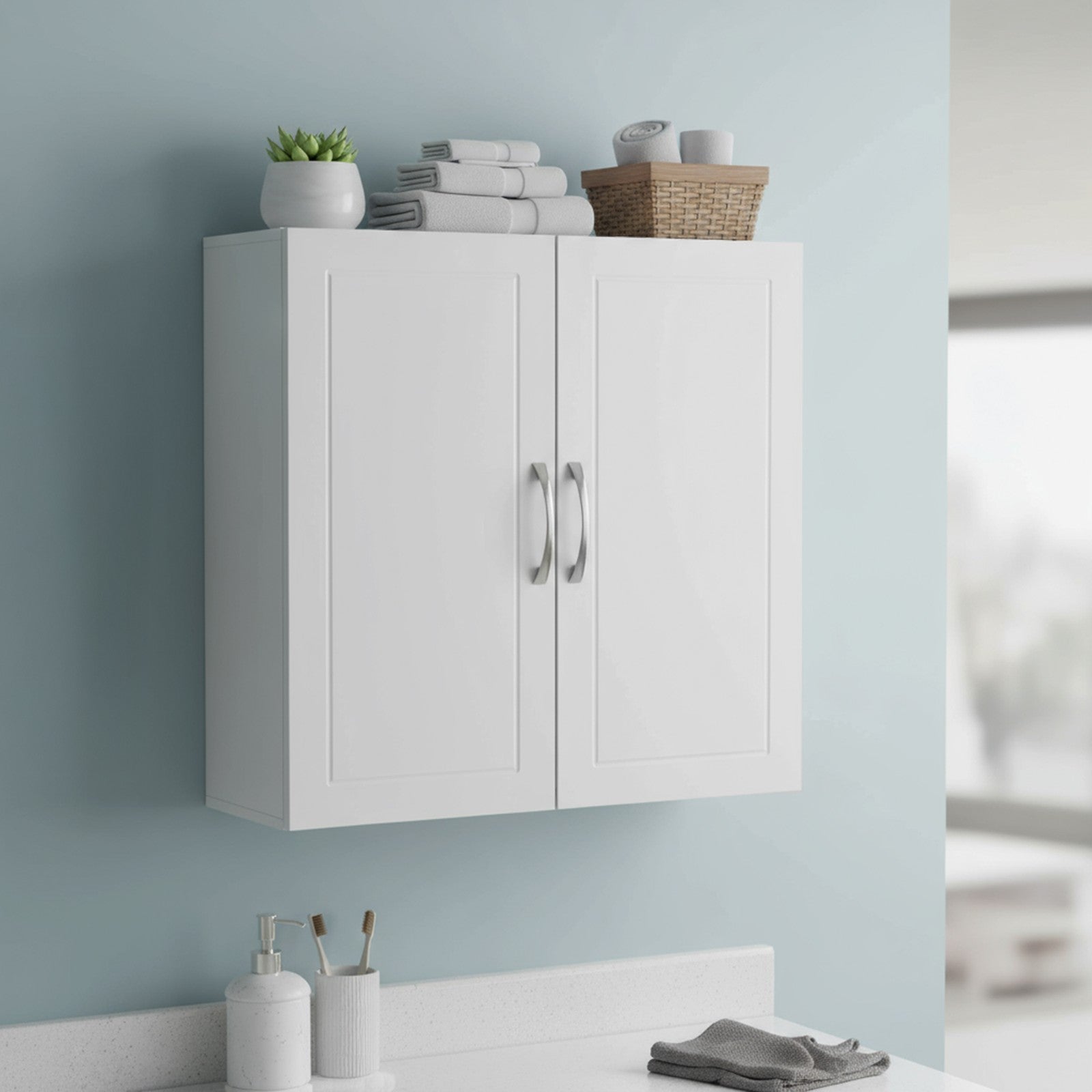 Wall-Mounted Bathroom Storage Cabinet – Wood – Cloud White – Adjustable Shelves