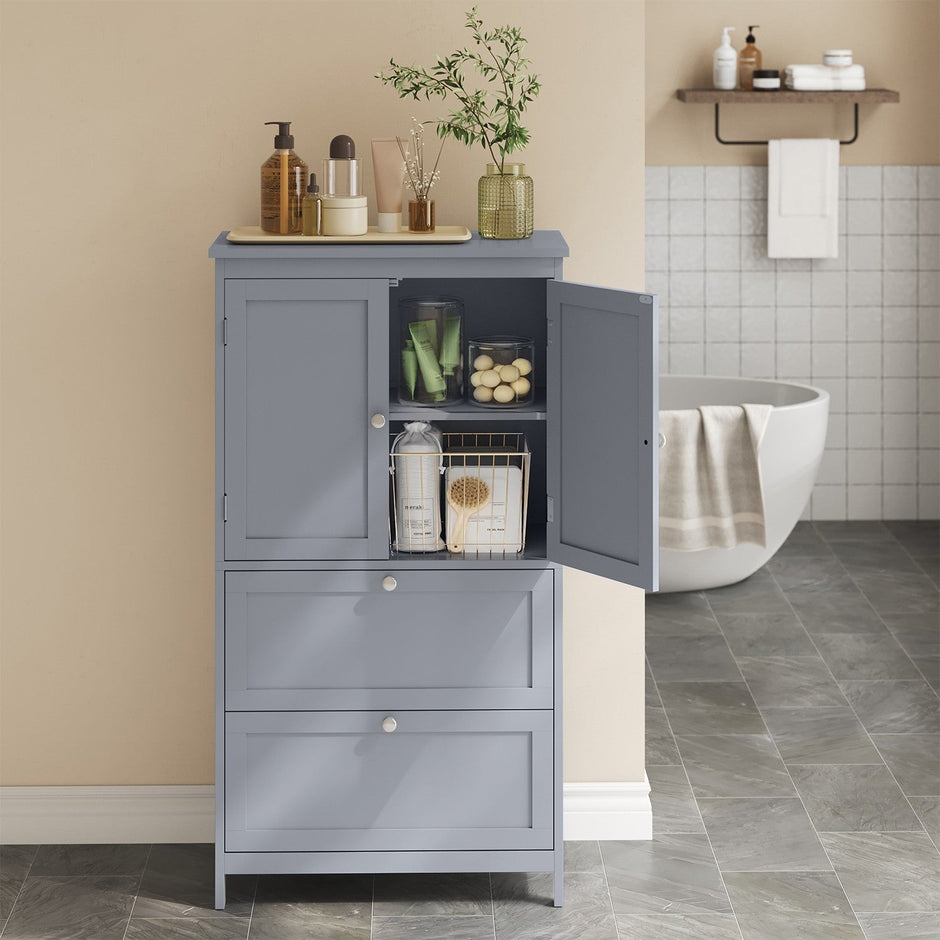 Freestanding Bathroom Storage Cabinet – Wood – White – Dual Drawer and Door Design with Adjustable Shelf