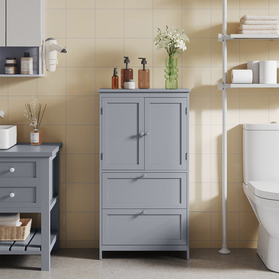 Freestanding Bathroom Storage Cabinet – Wood – White – Dual Drawer and Door Design with Adjustable Shelf