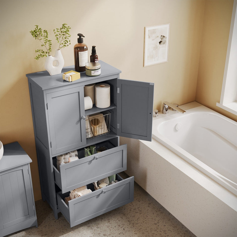 Freestanding Bathroom Storage Cabinet – Wood – White – Dual Drawer and Door Design with Adjustable Shelf