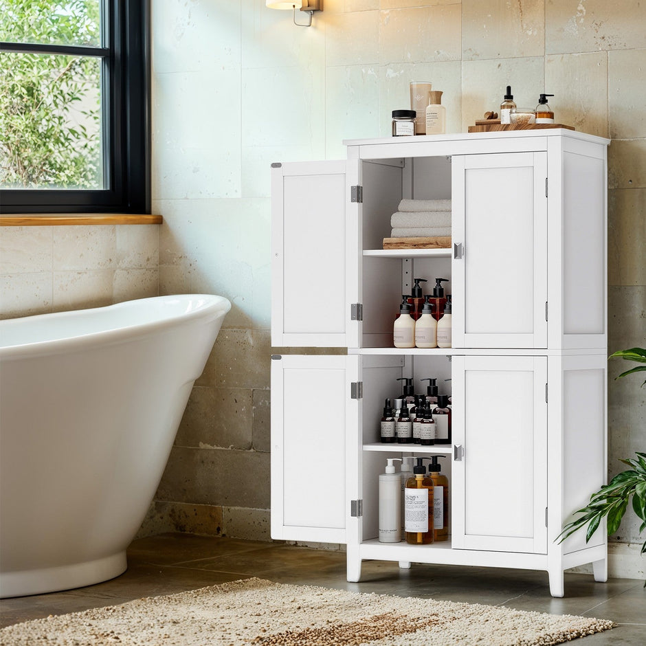 Freestanding Bathroom Storage Cabinet – Wood – White – Four Doors with Adjustable Shelves