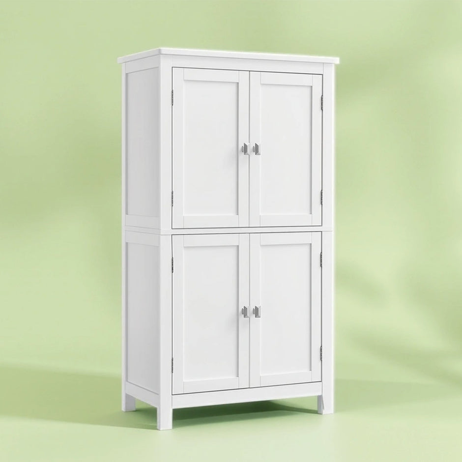Freestanding Bathroom Storage Cabinet – Wood – White – Four Doors with Adjustable Shelves