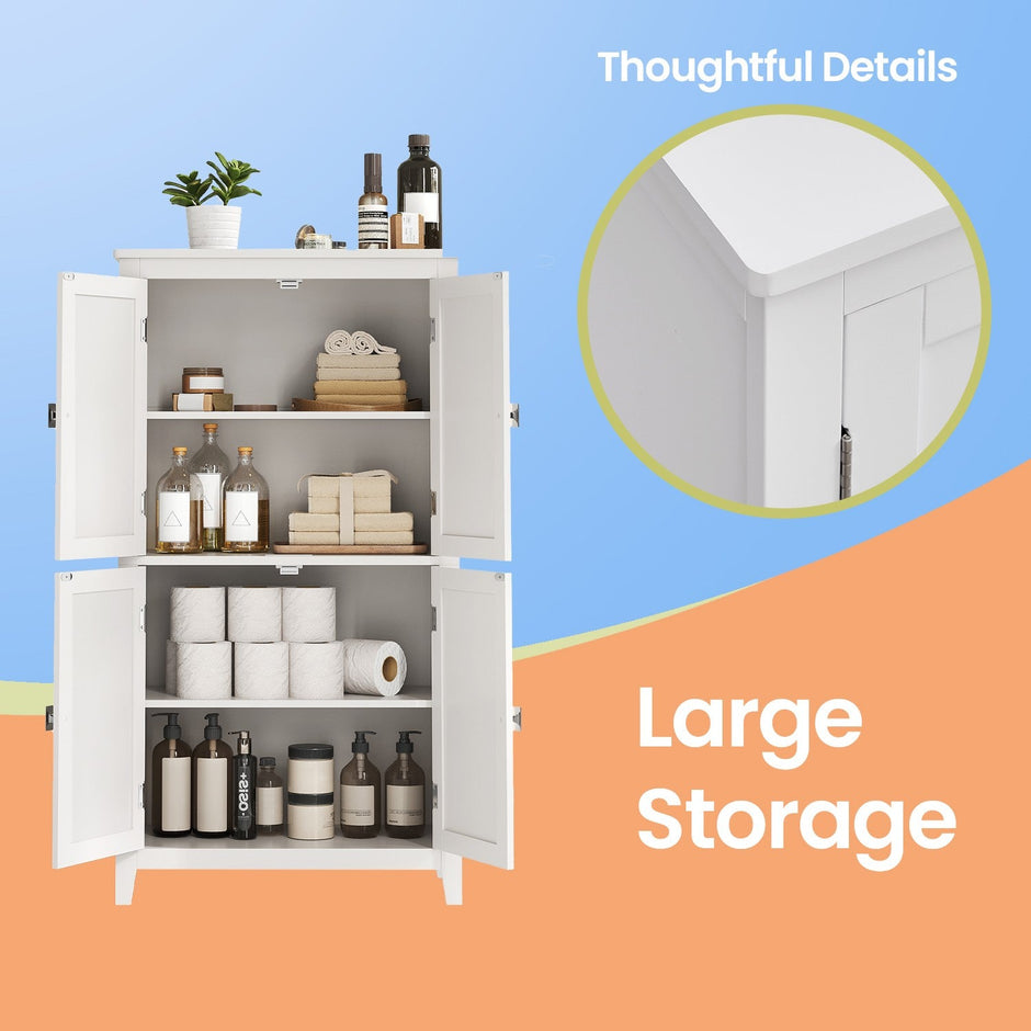 Freestanding Bathroom Storage Cabinet – Wood – White – Four Doors with Adjustable Shelves