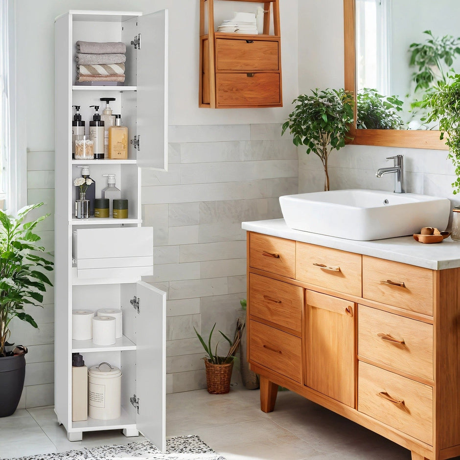Tall Bathroom Storage Cabinet – Wood – White – Slim Design with Adjustable Shelves and Drawer
