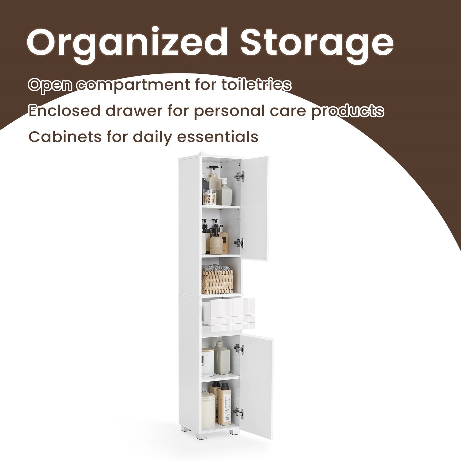 Tall Bathroom Storage Cabinet – Wood – White – Slim Design with Adjustable Shelves and Drawer