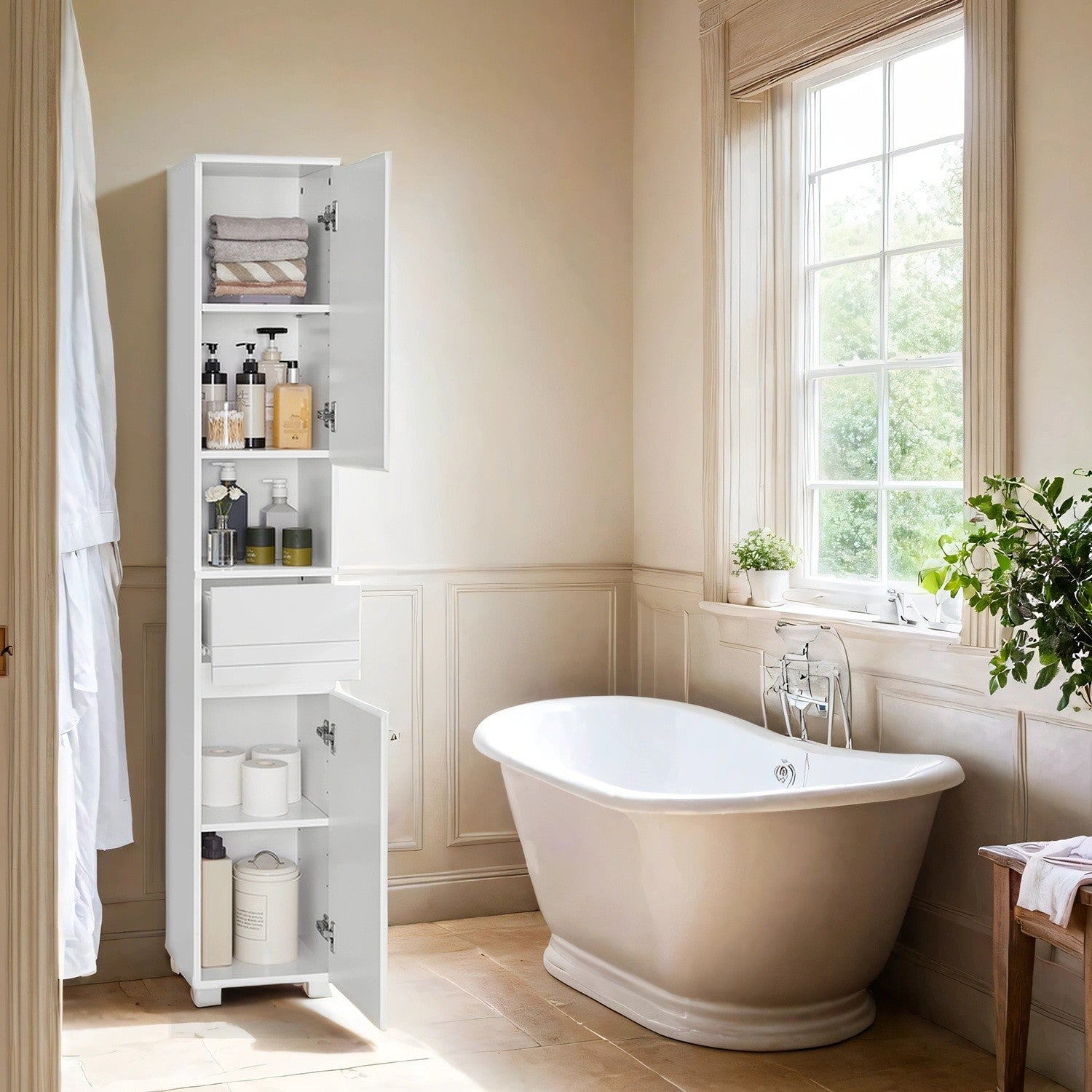 Tall Bathroom Storage Cabinet – Wood – White – Slim Design with Adjustable Shelves and Drawer