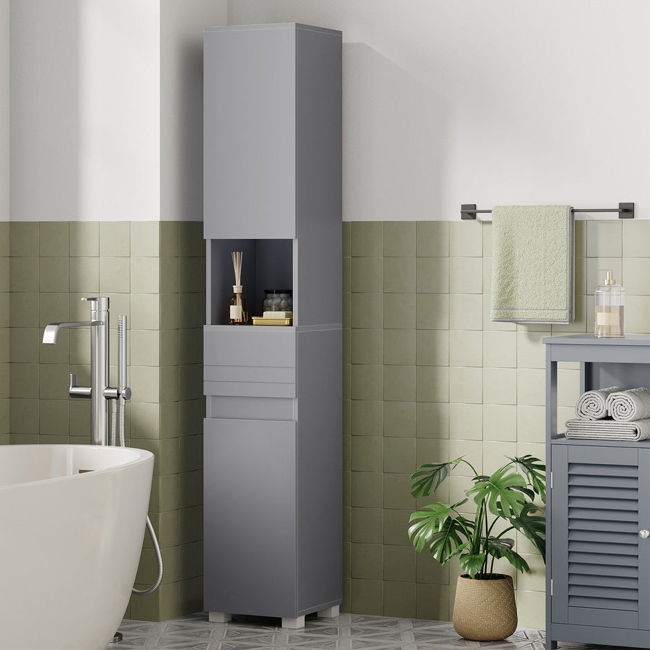 Tall Bathroom Cabinet – Wood – White – Slim Storage Solution