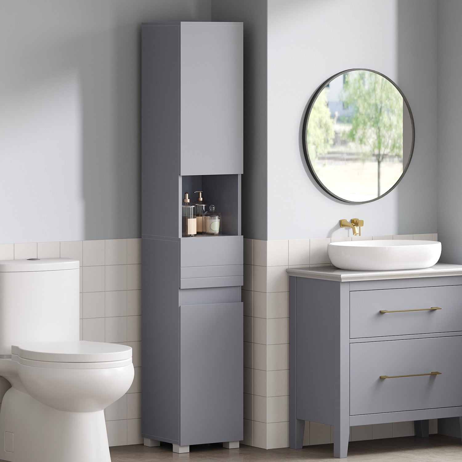 Tall Bathroom Cabinet – Wood – White – Slim Storage Solution