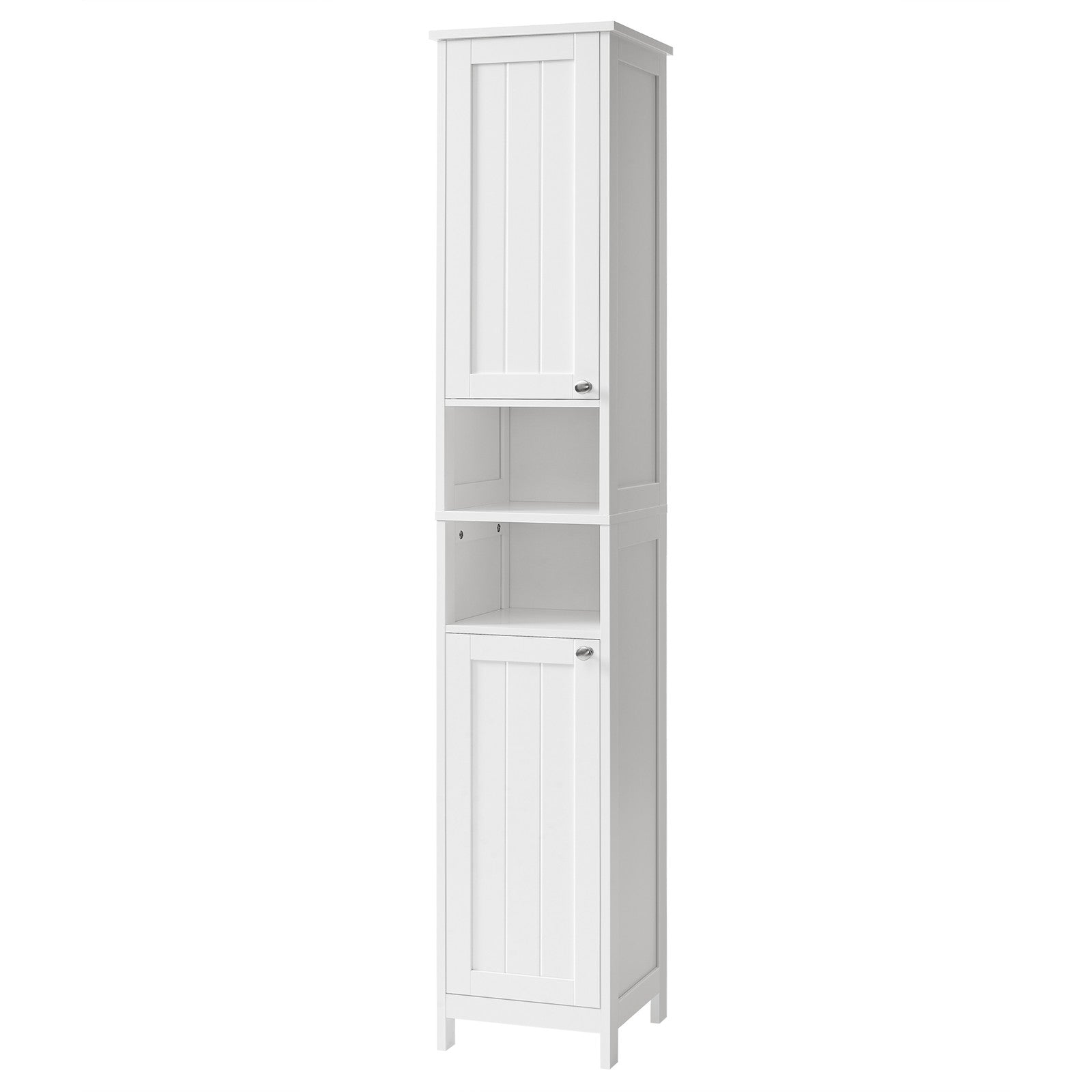 Tall Freestanding Storage Cabinet – Slim Design – White – Adjustable Shelves and Open Compartments for Small Spaces