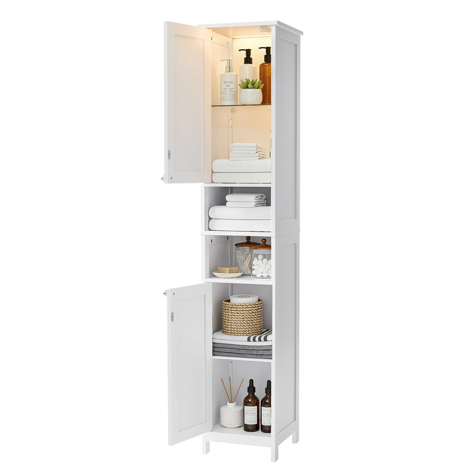 Tall Freestanding Storage Cabinet – Slim Design – White – Adjustable Shelves and Open Compartments for Small Spaces