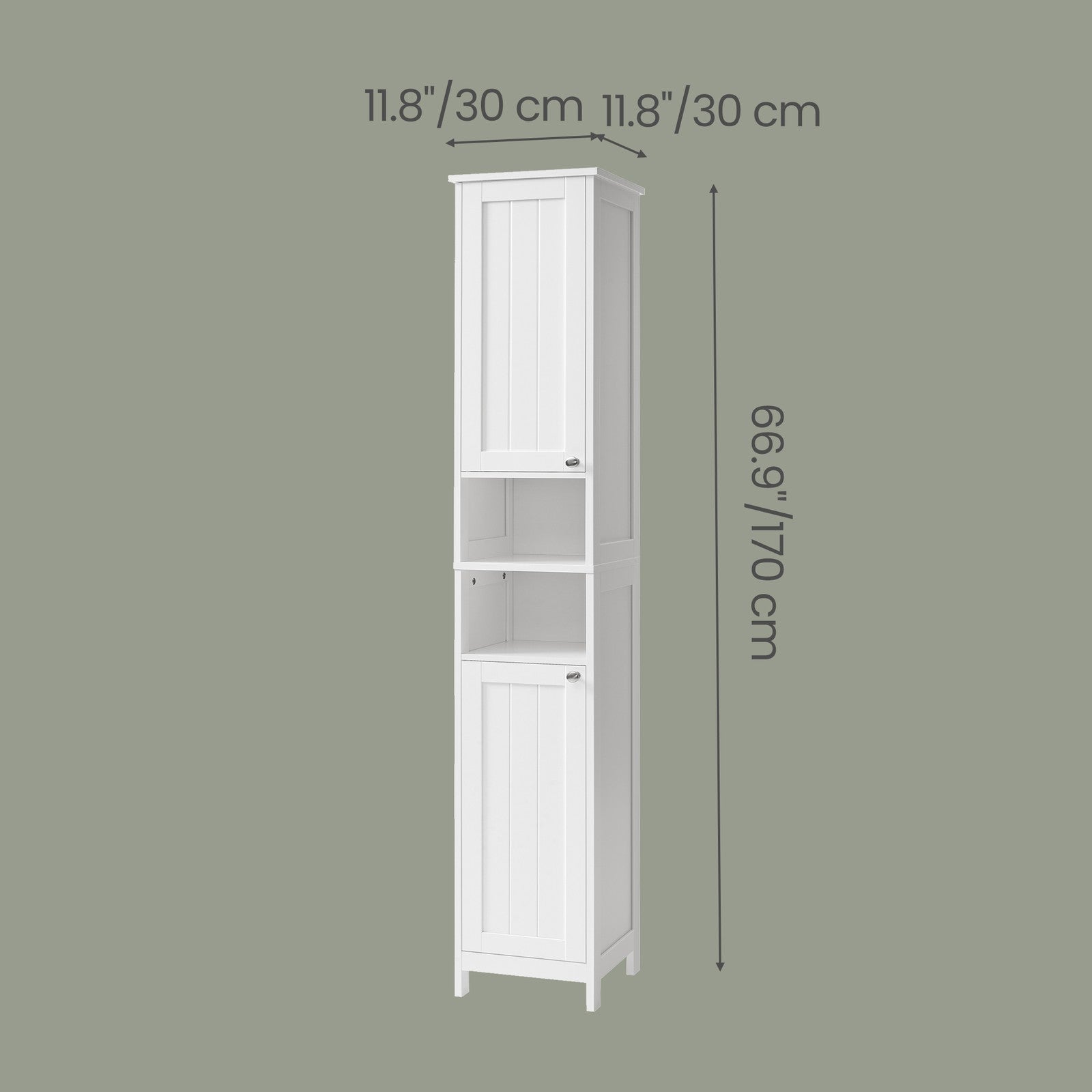 Tall Freestanding Storage Cabinet – Slim Design – White – Adjustable Shelves and Open Compartments for Small Spaces