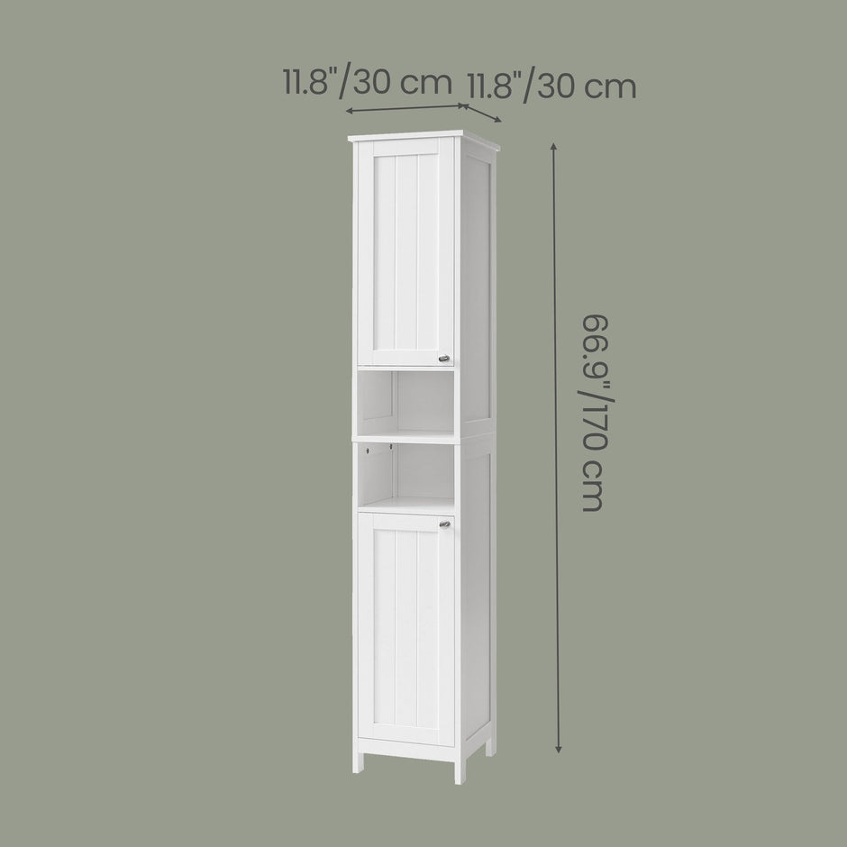 Tall Freestanding Storage Cabinet – Slim Design – White – Adjustable Shelves and Open Compartments for Small Spaces