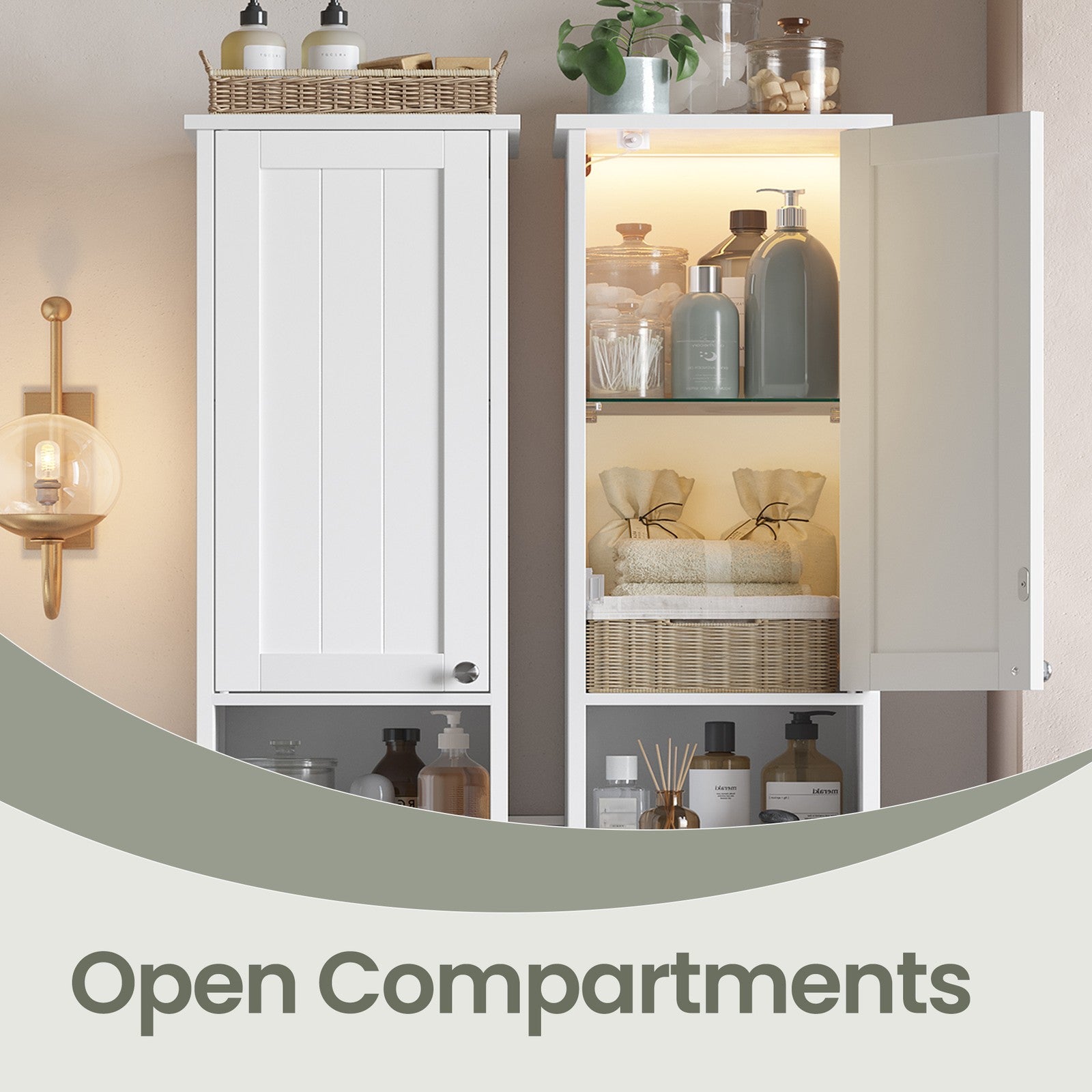 Tall Freestanding Storage Cabinet – Slim Design – White – Adjustable Shelves and Open Compartments for Small Spaces