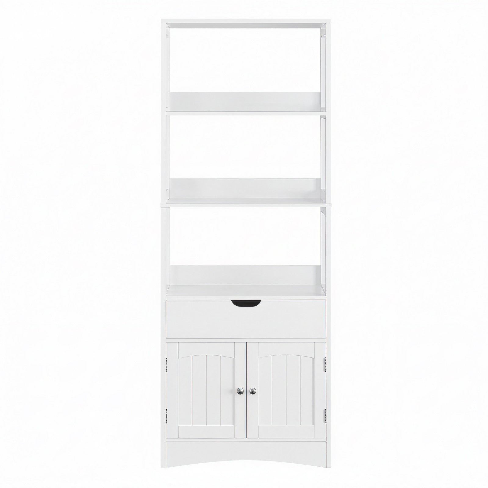 Tall Freestanding Bookshelf – Wood – White – 3 Open Shelves and 1 Drawer