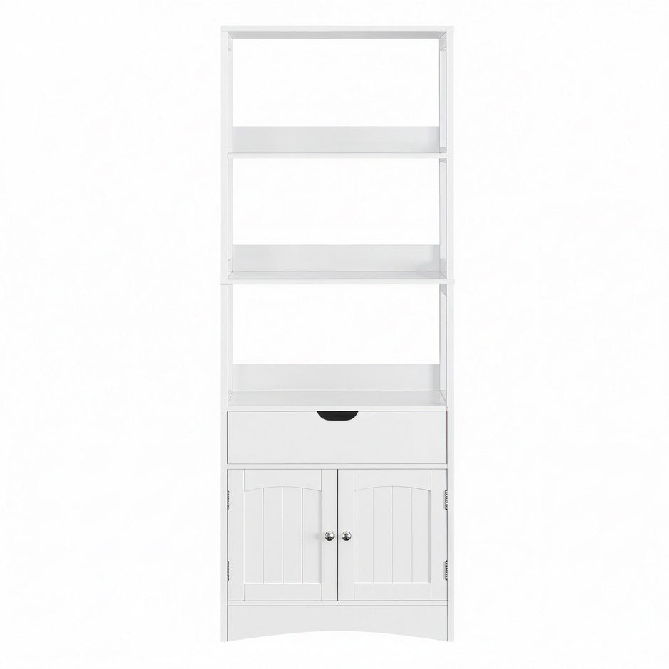 Tall Freestanding Bookshelf – Wood – White – 3 Open Shelves and 1 Drawer